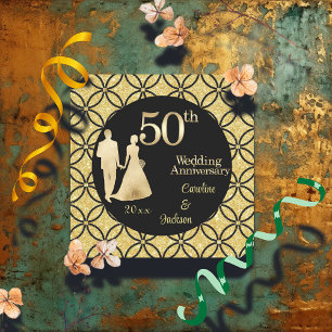 50th Gold Couple Wedding Anniversary Glitter Square Sticker