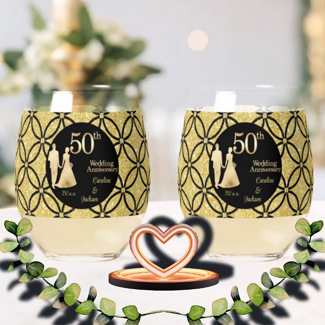 50th Gold Couple Wedding Anniversary Glitter Stemless Wine Glass (Creator Uploaded)