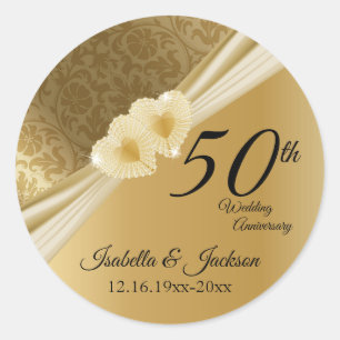 50th Gold Damask Wedding Anniversary Classic Round Sticker