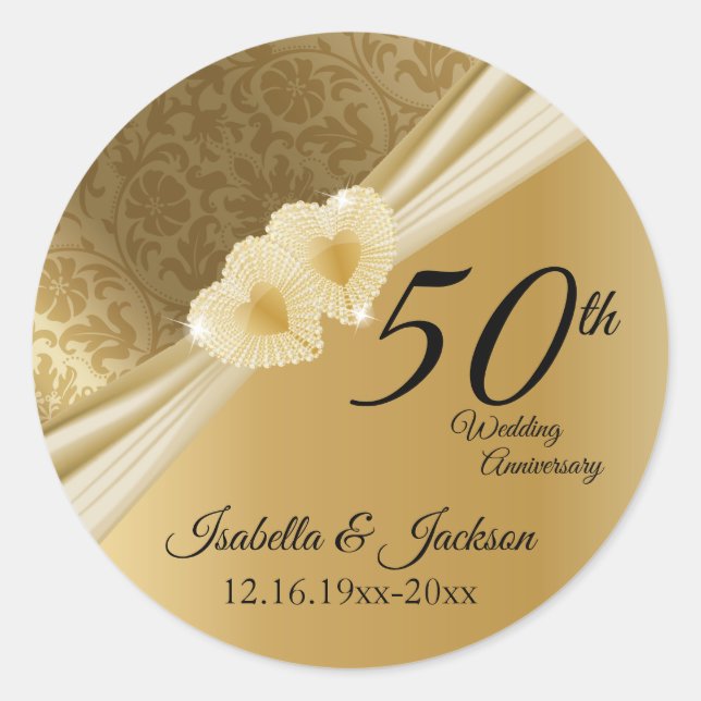 50th Gold Damask Wedding Anniversary Classic Round Sticker (Front)