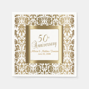 50th Gold Floral Damask and White Napkin