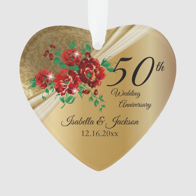 50th 💞 Gold Floral Wedding Anniversary Ornament (Front)