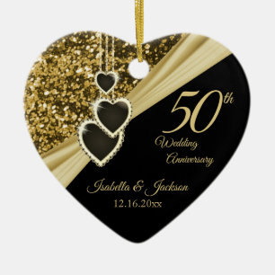 50th Gold Glitter Anniversary Ceramic Tree Decoration