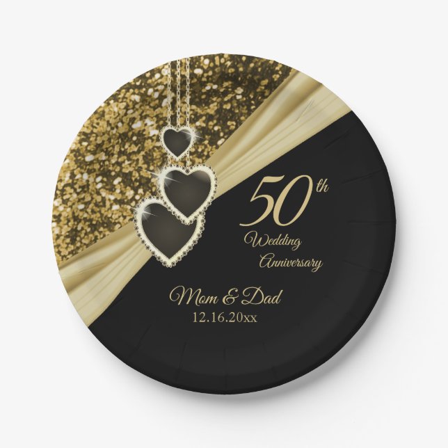 50th Gold Glitter Anniversary Paper Plate (Front)