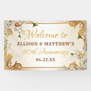 50th Gold Glitter Frame Floral Wedding Anniversary Banner