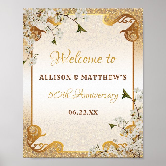 50th Gold Glitter Frame Floral Wedding Anniversary Poster (Front)