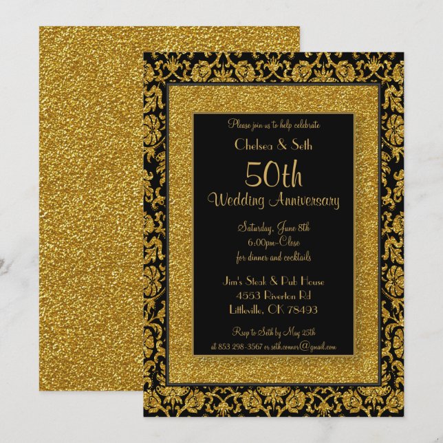 50th Gold Glitter Wedding Anniversary Invitation (Front/Back)