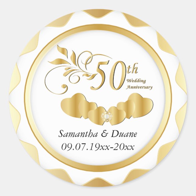 50th Gold Heart Wedding Anniversary | DIY Text Classic Round Sticker (Front)