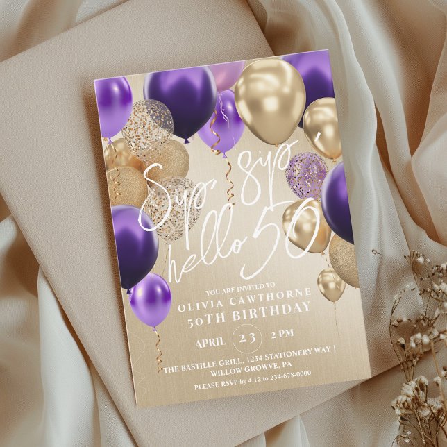 50th Gold Purple Balloons Birthday Party Invitatio Invitation (Creator Uploaded)