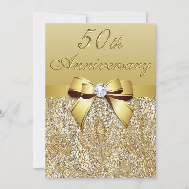 50th Gold Wedding Anniversary Faux Sequins and Bow Invitation (Front)