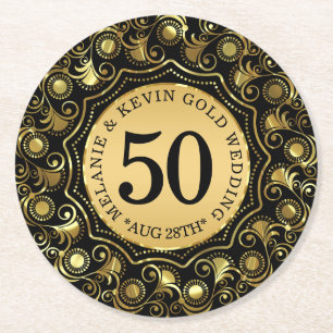 50th Gold Wedding Anniversary Gold Circle Frame Round Paper Coaster