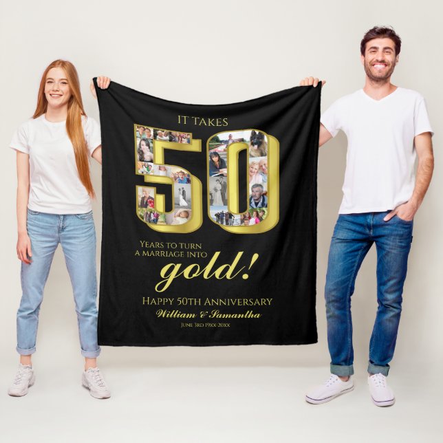 50th Gold Wedding Anniversary Photo Collage Fleece Blanket (In Situ)