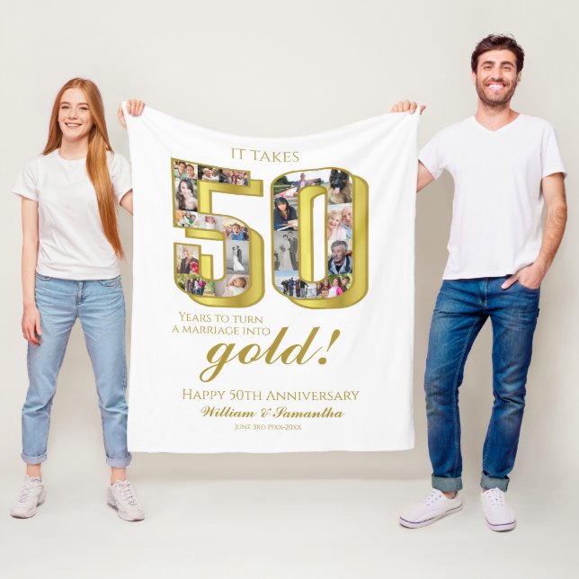 50th Gold Wedding Anniversary Photo Collage Fleece Blanket (In Situ)