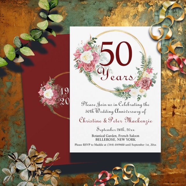 50th Gold Wedding Anniversary Roses Gold Frame Invitation (Creator Uploaded)