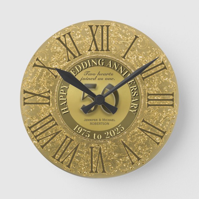 50th Gold Wedding Anniversary Round Clock (Front)