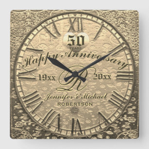 50th Gold Wedding Anniversary Vintage Antique Square Wall Clock