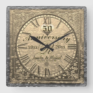 50th Gold Wedding Anniversary Vintage Distressed Square Wall Clock