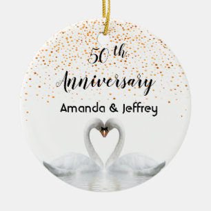 50th gold wedding anniversary white swans ceramic tree decoration