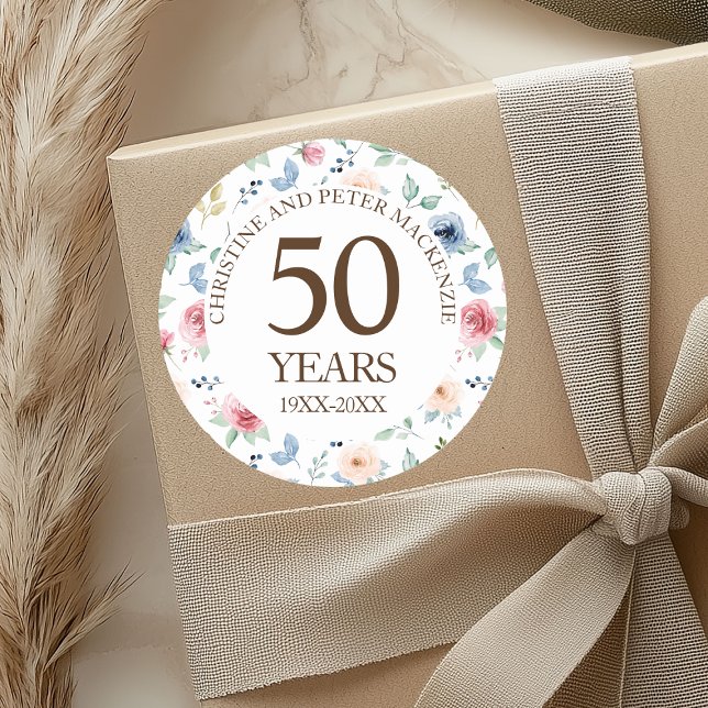 50th Gold Wedding Blush Roses Anniversary Classic Round Sticker (Creator Uploaded)
