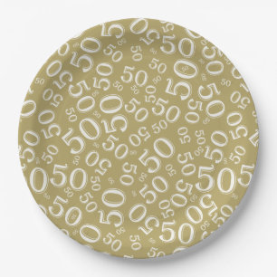 50th Gold/White Random Number Pattern Paper Plate