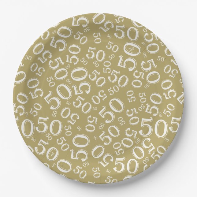 50th Gold/White  Random Number Pattern Paper Plate (Front)