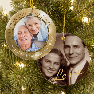 50th Golden Anniversary, 2-Sided 2-Photo Gold Ceramic Tree Decoration
