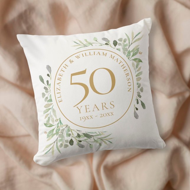 50th Golden Anniversary Chic Watercolour Greenery Cushion (Creator Uploaded)