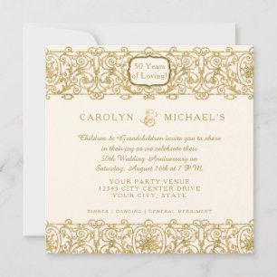 50th Golden Anniversary Cream Art Deco w Photo Invitation
