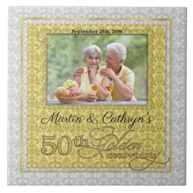 50th Golden Anniversary Damask Photo Tile (Front)