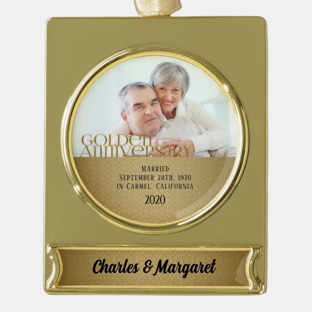 50th Golden Anniversary Damask with Name Photo Gold Plated Banner Ornament (Front)