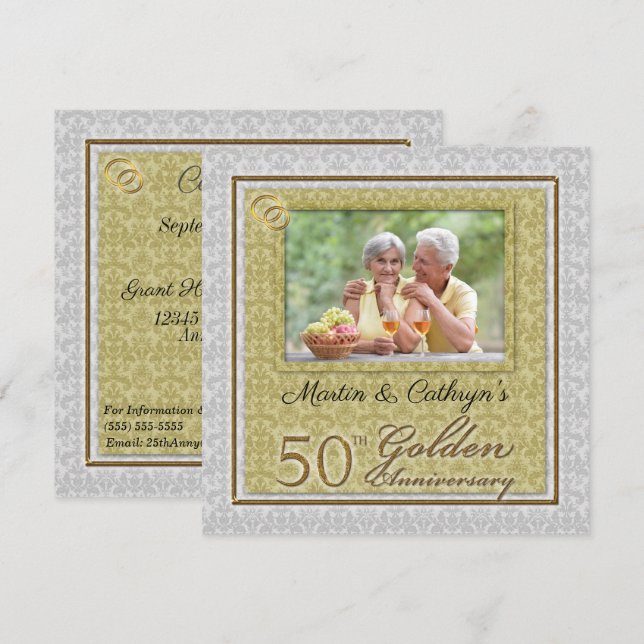 50th Golden Anniversary Damask with Photo Invitation (Front/Back)