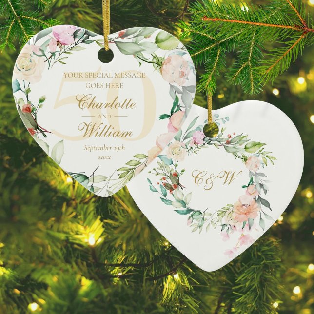 50th Golden Anniversary Floral Monogram Ceramic Tree Decoration (50th Golden Wedding Anniversary Floral Monogram Ceramic Ornament)