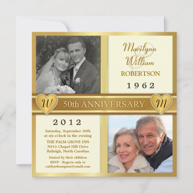 50th Golden Anniversary Hearts Photo Invitations (Front)