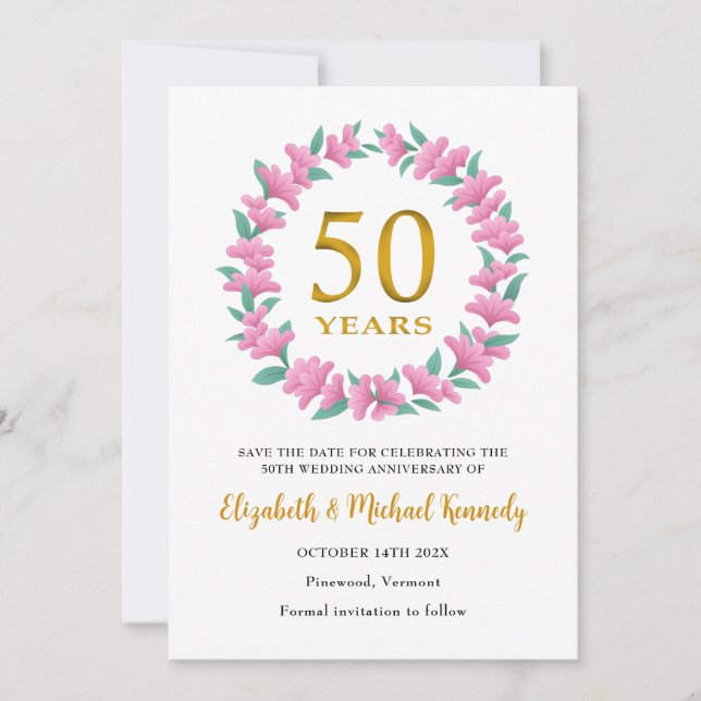 50th Golden Anniversary Pink Floral Wreath Save The Date (Front)