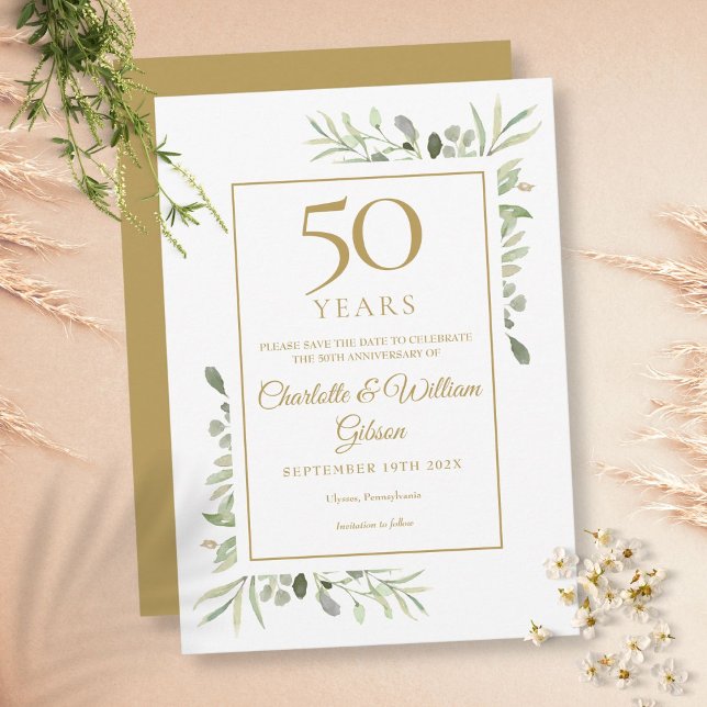 50th Golden Anniversary Save the Date Greenery  Invitation (Creator Uploaded)