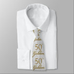50th Golden Anniversary Silver with Gold Tie<br><div class="desc">50th Golden text in a golden hue repeated up the front side of this golden anniversary tie with a coordinating silver damask on the back side.</div>