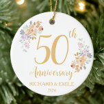 50th Golden Anniversary Watercolor Flower Ceramic Tree Decoration<br><div class="desc">Celebrate 50 years of love and togetherness with our exquisite 50th Anniversary design. This elegant keepsake features delicate watercolor flowers, beautifully capturing the essence of nature's romance. The golden script font exudes a timeless luxury, perfectly suited for commemorating such a significant milestone. The intricate ornament design gracefully frames the text,...</div>