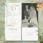 50th Golden Anniversary Wedding Photo Foliage RSVP Invitation<br><div class="desc">An all in one invitation and rsvp card featuring watercolor greenery foliage. Personalize with your favorite wedding photo and your special 50th golden wedding anniversary celebration details in chic gold typography. The invitation includes an RSVP card that can be cut off and guest information details. Designed by Thisisnotme©</div>