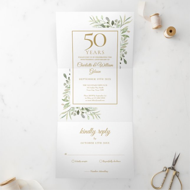 50th Golden Anniversary Wedding Photo Greenery Tri-Fold Invitation (Inside)