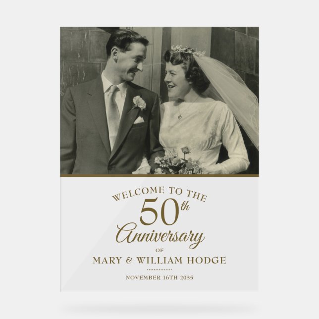 50th Golden Anniversary Wedding Photo Welcome Acrylic Sign (Front)
