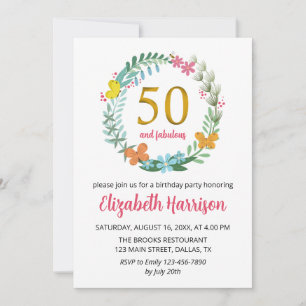 50th Golden Birthday Party Floral Wreath Butterfly Invitation