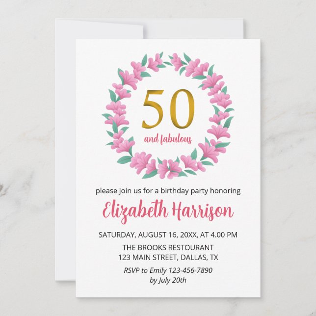 50th Golden Birthday Party Floral Wreath Pink Invitation (Front)