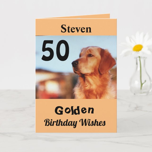 50th Golden Birthday Wishes Cute Retriever Card (Small Plant)