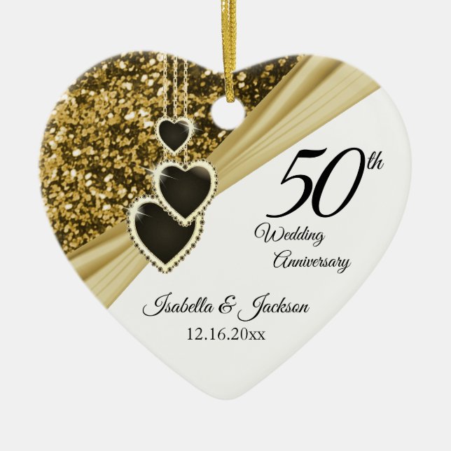 50th Golden Glitter Anniversary Ceramic Tree Decoration (Front)