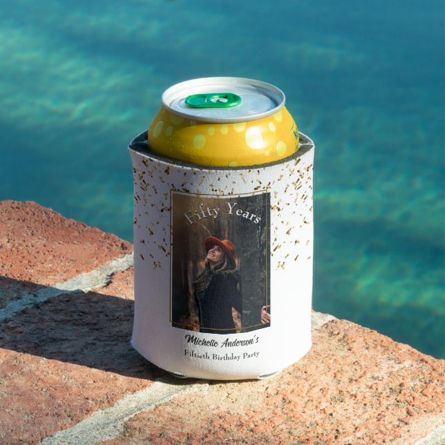 50th Golden Glitter Photo Birthday Party Can Cooler (In Situ Pool)