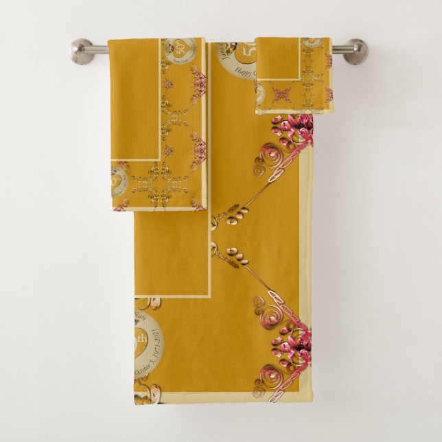 50th Golden Ochre Wedding Anniversary Bath Towel Set (Insitu)