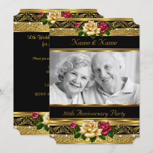 50th Golden Photo Wedding Anniversary Party Rose Invitation
