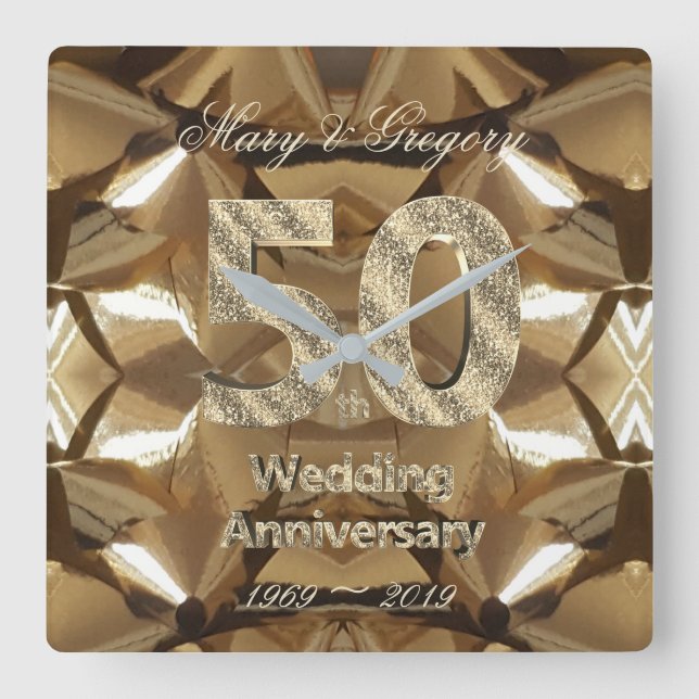 50th Golden Wedding Anniversary 2019 Typography Square Wall Clock (Front)