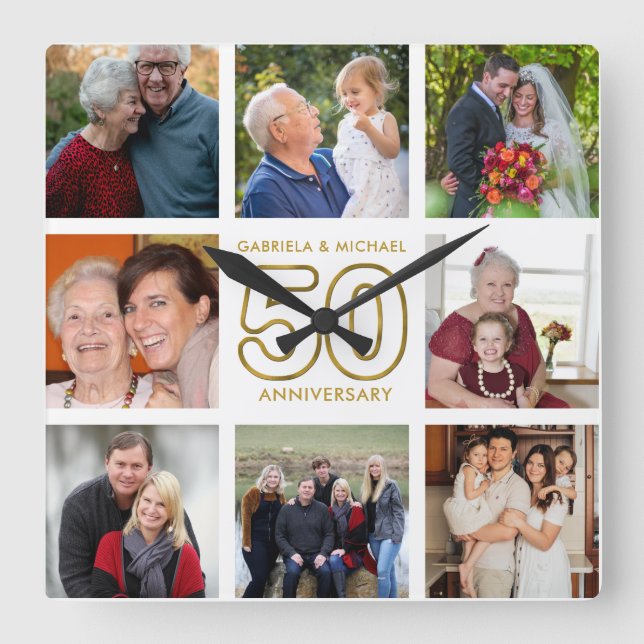 50th Golden Wedding Anniversary  8 Photo Collage  Square Wall Clock (Front)