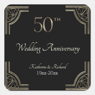 50th Golden Wedding Anniversary Art Deco on  black Square Sticker